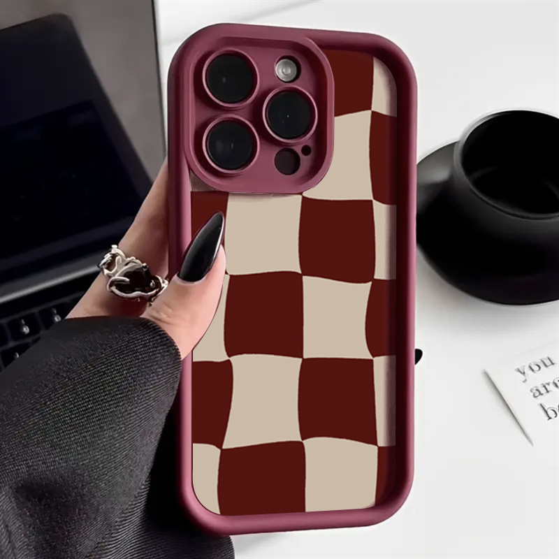 Phone Accessories Red - ワインレッドの変形グリッド柄iPhoneケース (iPhone 17 Air、16、15、14、13、12、11 Pro Max、X、XS、XR、7、8