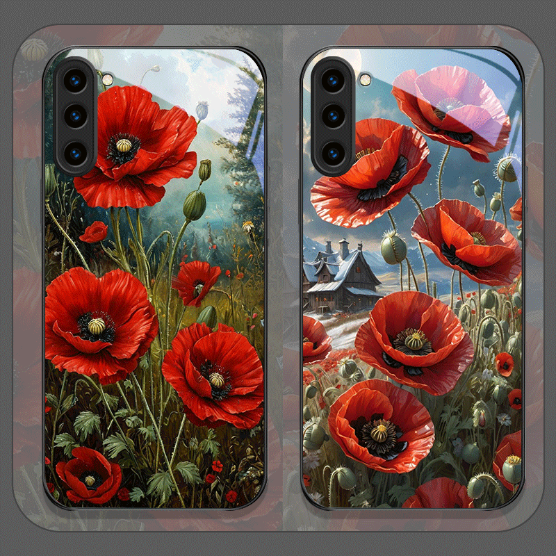 Phone Accessories Red - レトロなポピーの花柄、ホットレッドプリントの強化ガラス製スマホケース、Samsung Galaxy S26 S25 Ultra S24