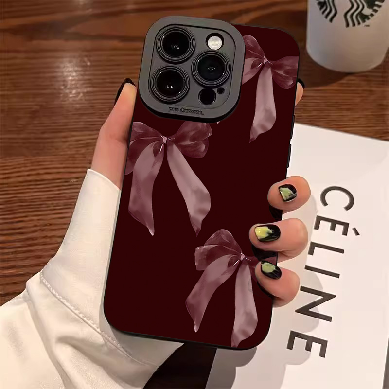 Phone Accessories Red - ワインレッドの蝶結び柄ソフトフォンケース、Samsung Galaxy S25 FE、S23、S22、S21、S24 Ultra Plus、A55、A35、A15、A56、A36、A16、A06
