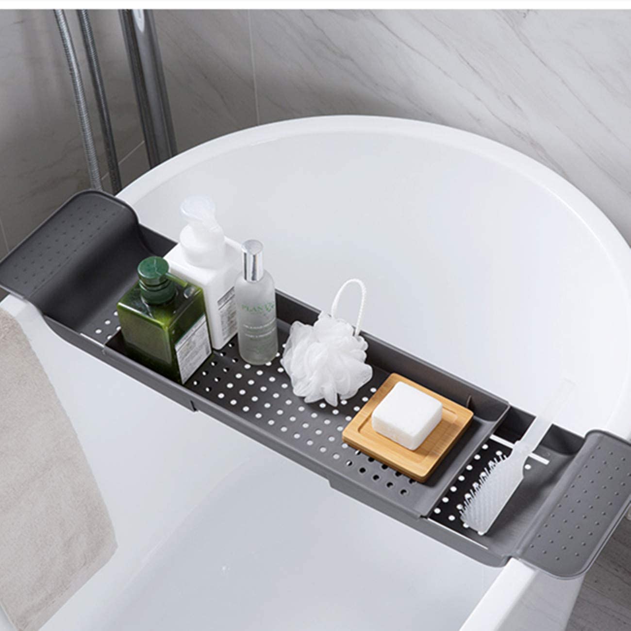 Phone Accessories Rack - バスルーム用シェルフキャディートレイ、拡張可能な耐久性のあるプラスチック製排水浴槽トレイ、携帯電話、ワイン、シャワースパアクセサリー用収納ラック