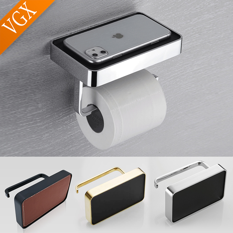 Phone Accessories Rack - Vgx-棚と電話ホルダー付きのトイレットペーパーホルダー,豪華な壁の棚,バスルームロール,金色と黒のクロームt2508