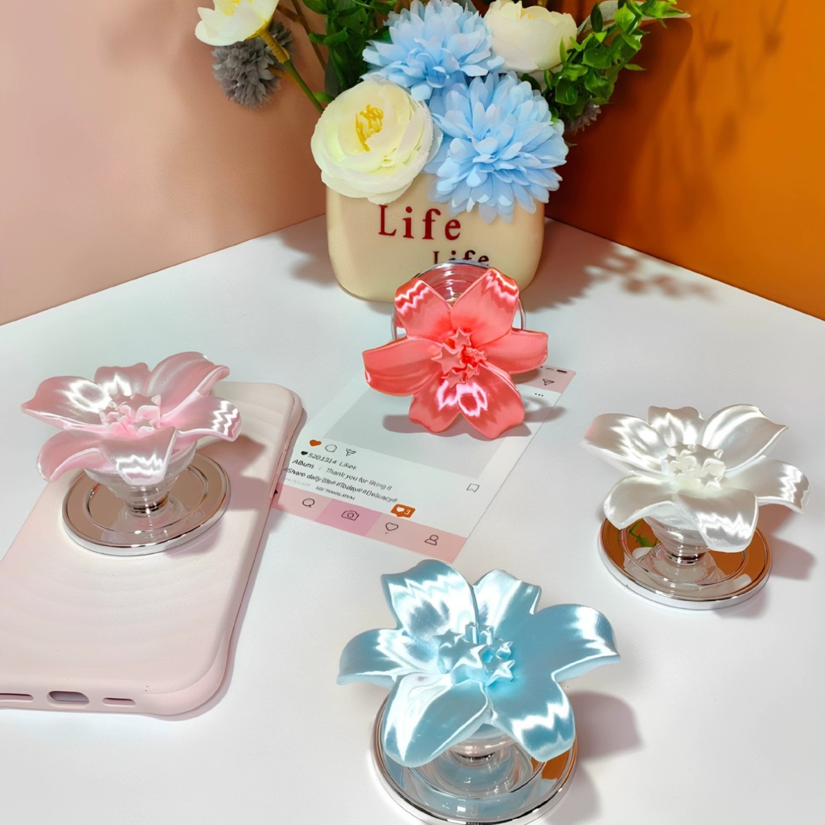 光沢のあるパールリリーフラワー磁気式スマホグリップホルダー可 - Phone Accessories And Cases のレビューと価格